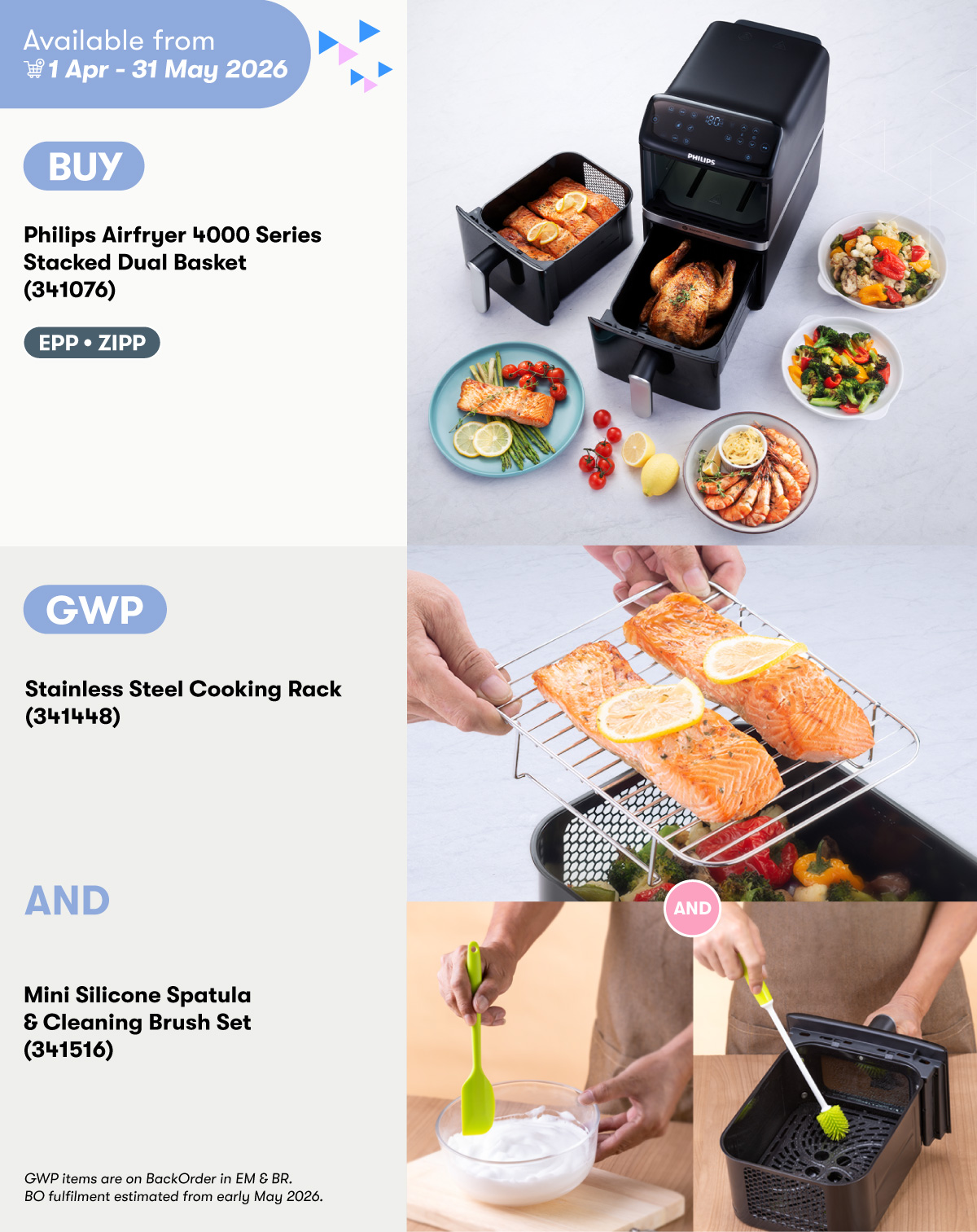 Philips Airfryer 4000 Series Stacked Dual Basket GWP Stainless Steel Cooking Rack AND Mini Silicone Spatula & Cleaning
