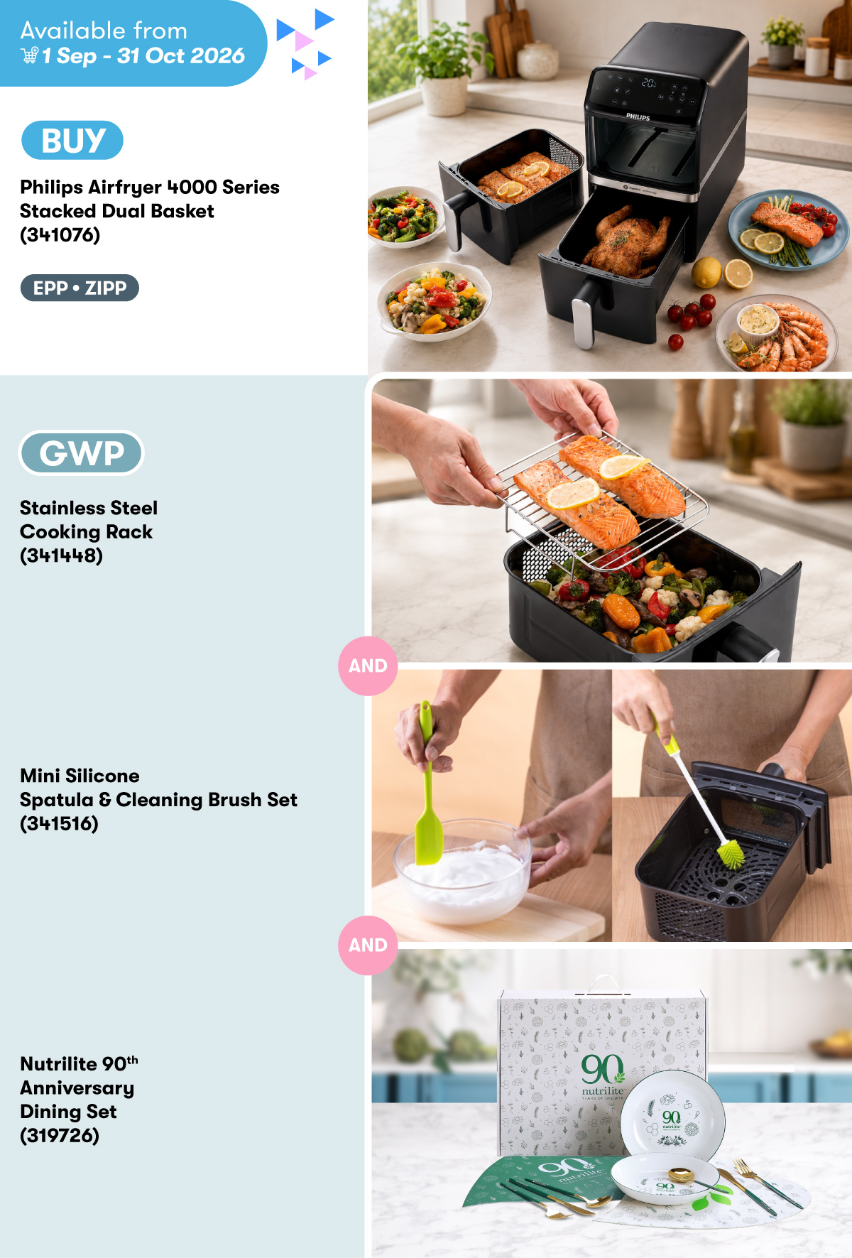 Philips Airfryer 4000 Series Stacked Dual Basket GWP Stainless Steel Cooking Rack AND Mini Silicone Spatula & Cleaning Brush Set AND Nutrilite 90th Anniversary Dining Set