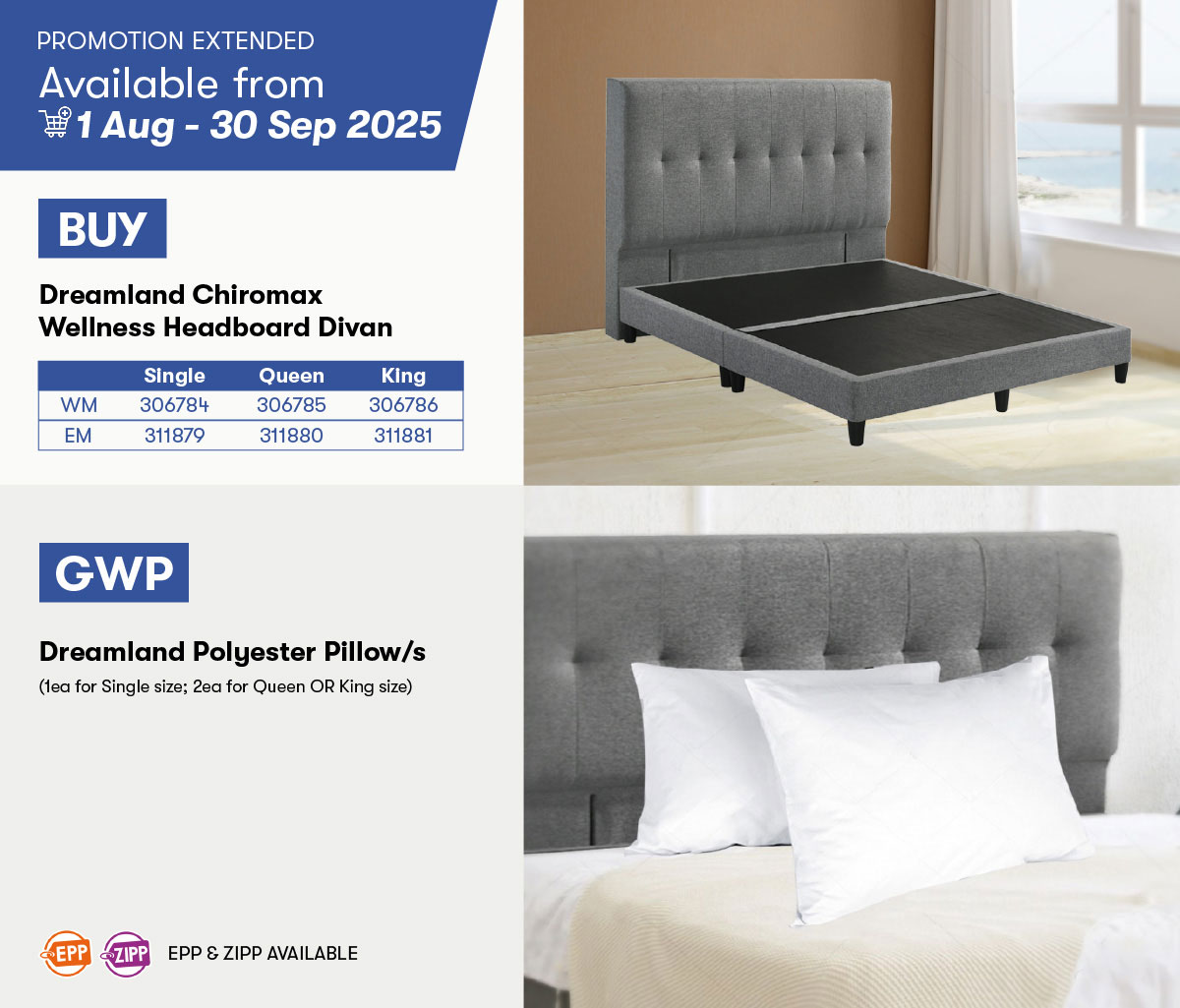 Dreamland Chiromax Wellness Headboard Divan GWP Dreamland Polyester Pillow/s Dreamland Chiromax Wellness Headboard Divan GWP Dreamland Polyester Pillow/s